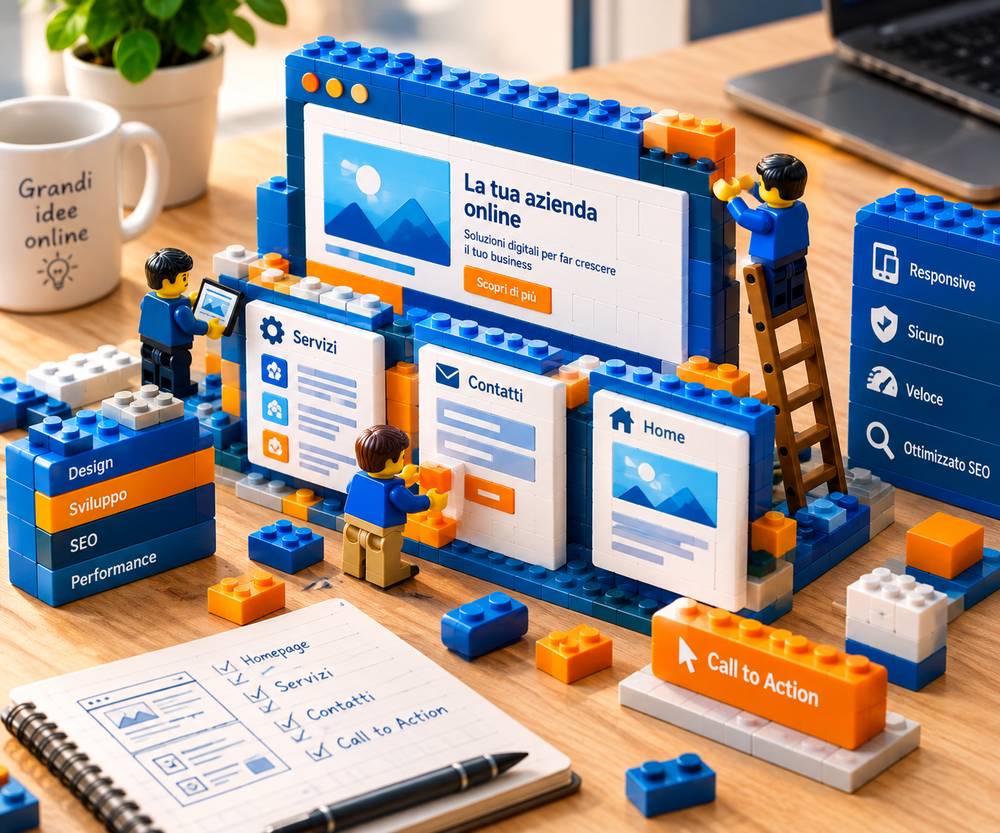 Sito web in costruzione con pannelli servizi, home e contatti e un blocco arancione call-to-action