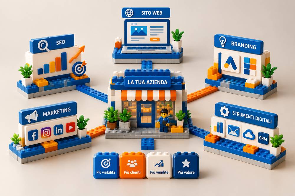 La tua azienda al centro, collegata a SEO, sito web, branding, marketing e strumenti digitali