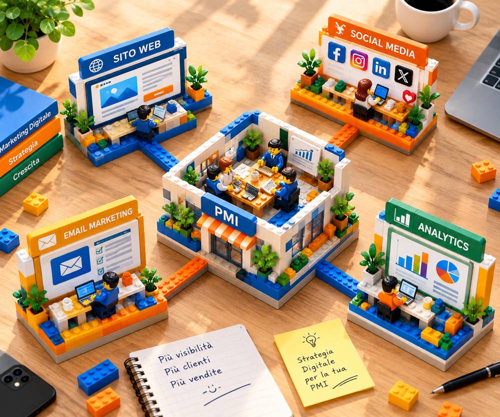 Ufficio PMI in miniatura collegato a sito web, social media, email marketing e analytics