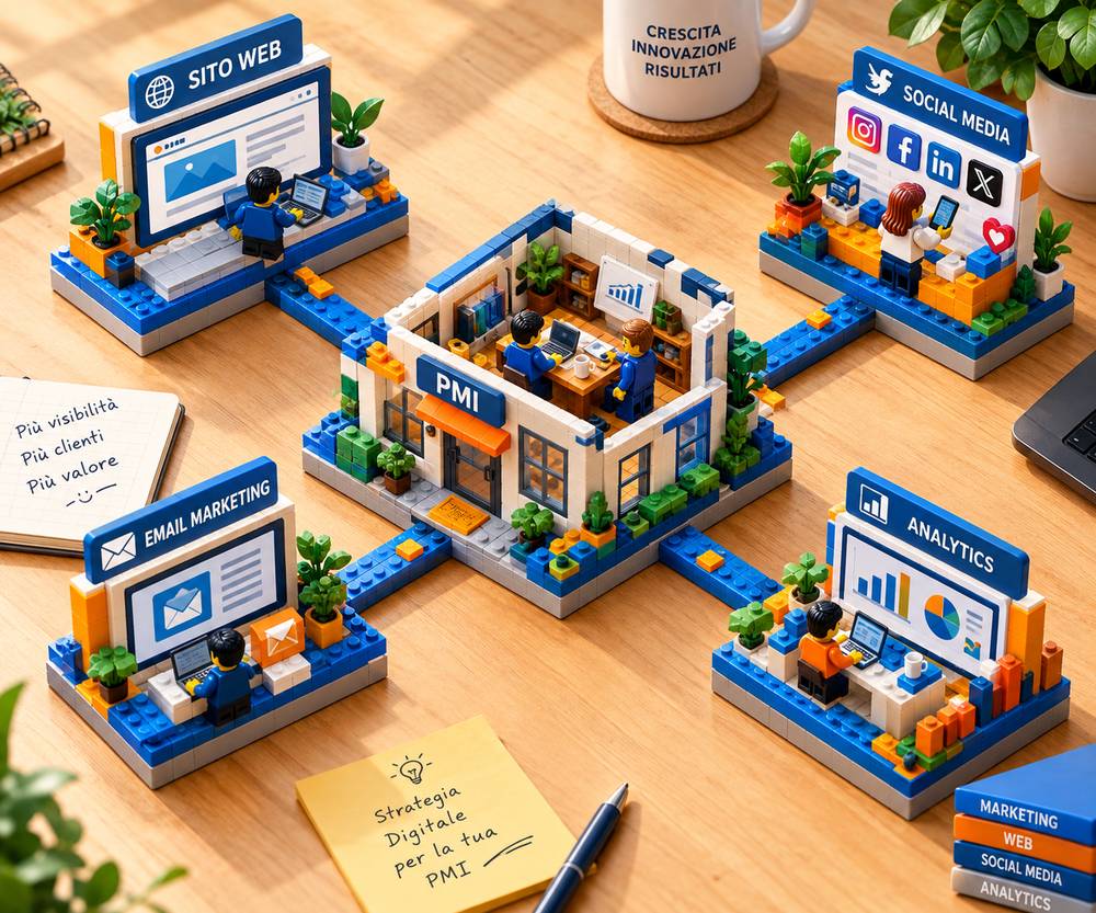 Ufficio in miniatura collegato a postazioni sito web, social media, email marketing e analytics