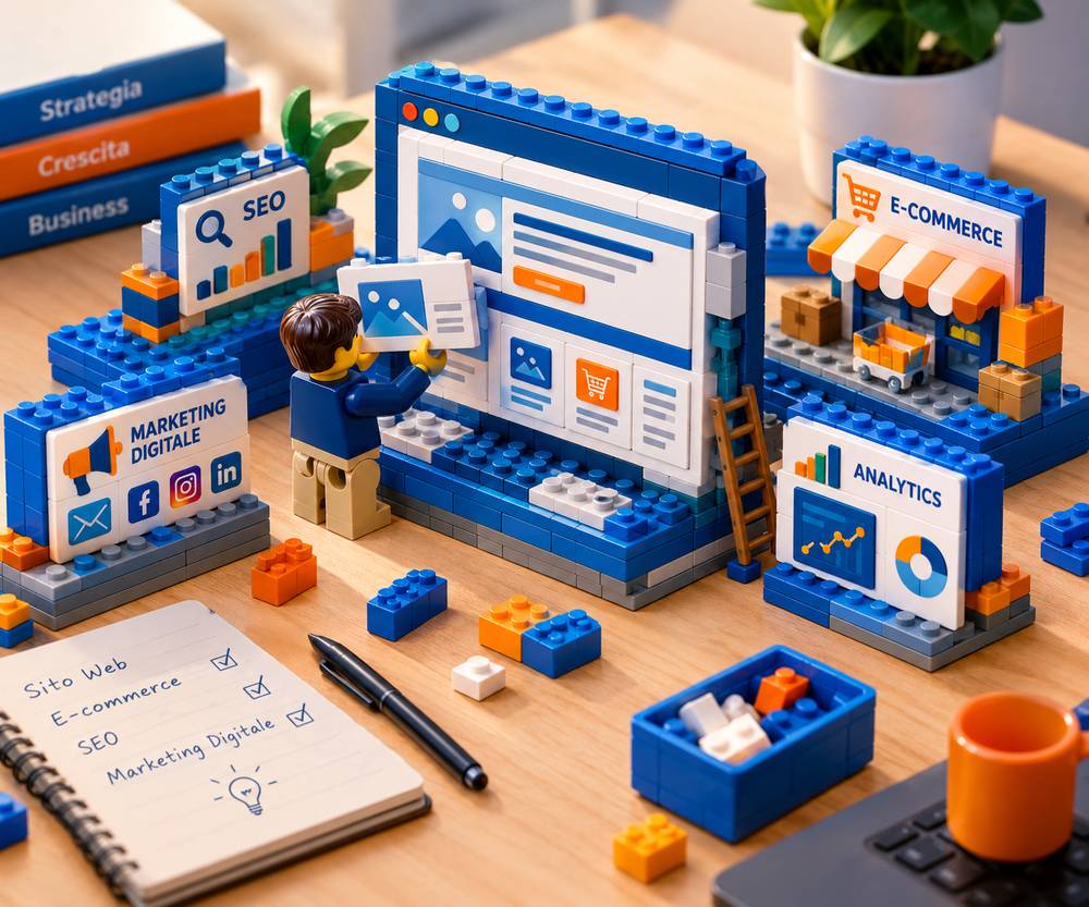 Modello di sito web ed e-commerce con pannelli SEO e analytics su un tavolo di lavoro